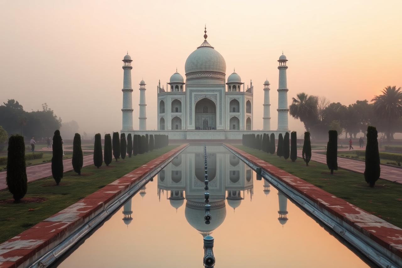 Agra — the white marble Taj Mahal and its reflecting pool at sunrise