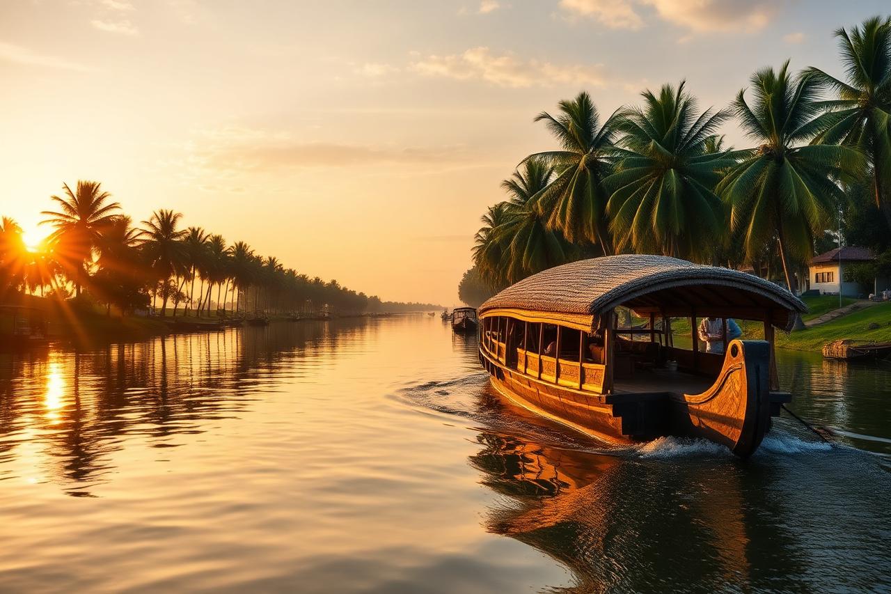 Alleppey, Kerala — a thatched Kerala houseboat cruising a palm-lined backwater at golden hour