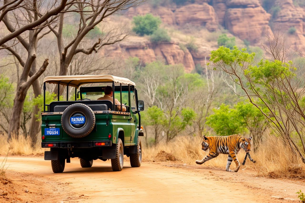 Bandhavgarh, Madhya Pradesh — a safari jeep watching a tiger cross a forest track