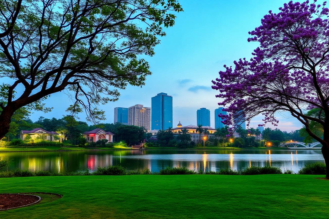Bengaluru, Karnataka — the city skyline behind a green lakeside park with jacaranda blossom