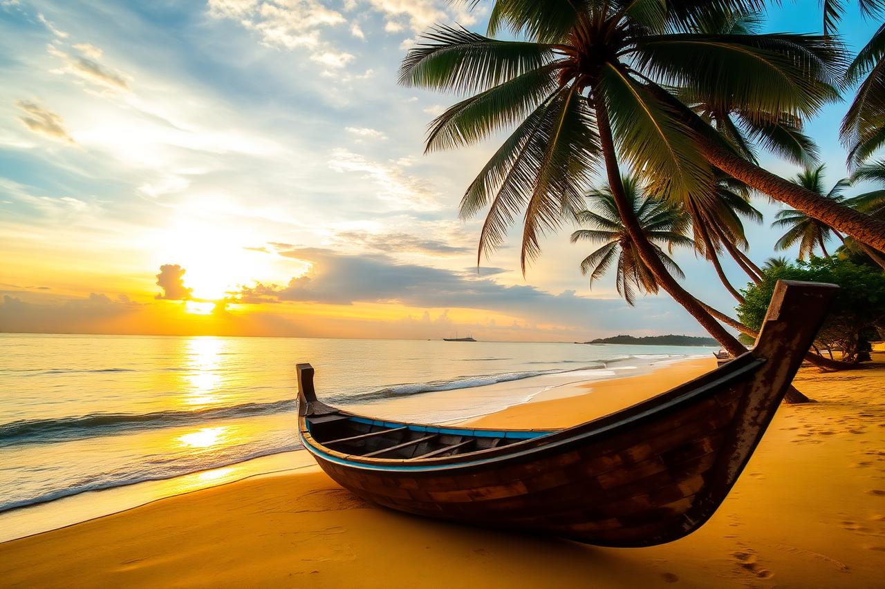 Goa, Goa — A wooden boat on a golden Indian beach at sunset with palm trees