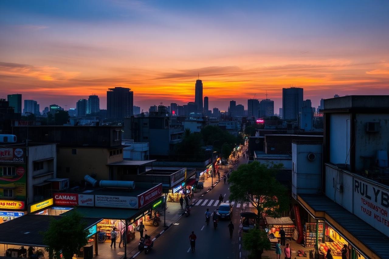 Delhi — An Indian city skyline at dusk above a lit street market