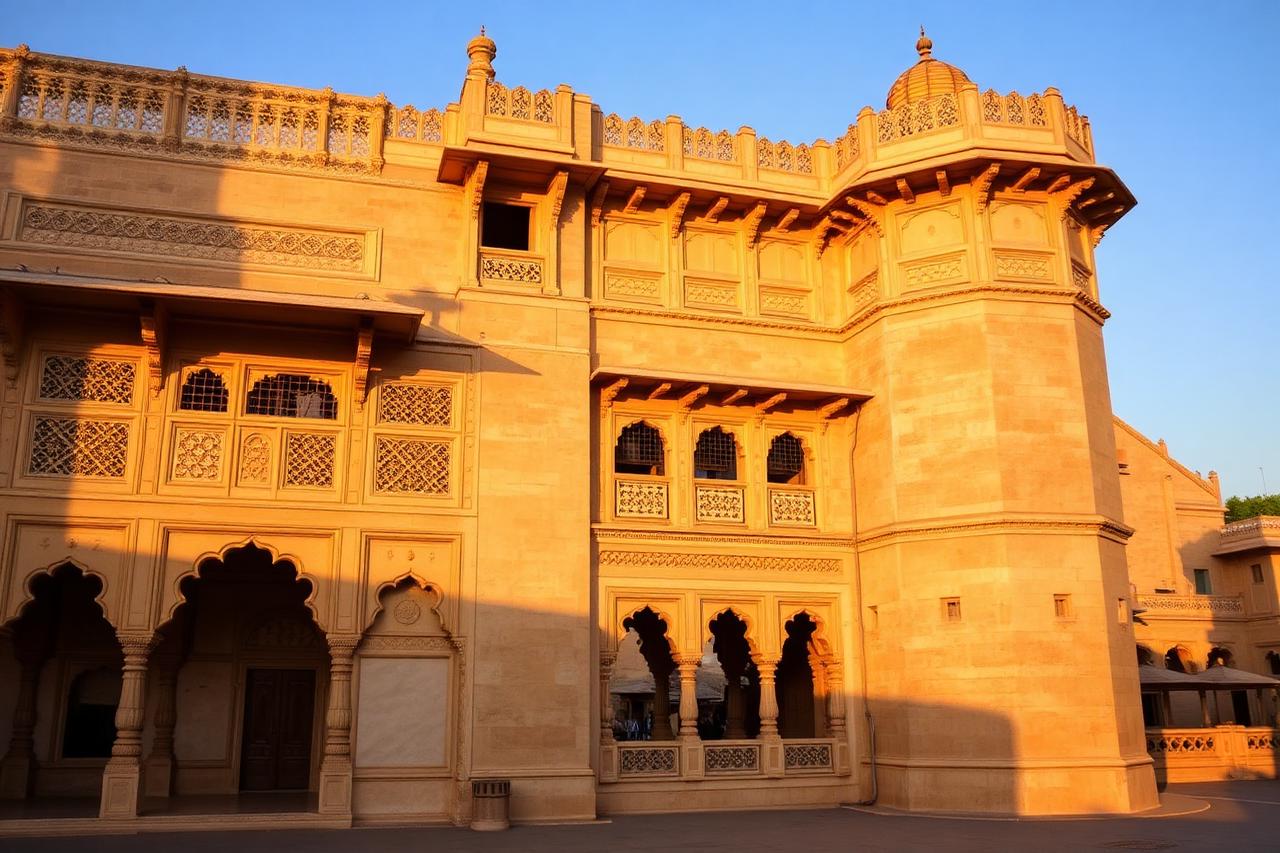 Jaipur, Rajasthan — Ornate sandstone palace architecture in Rajasthan glowing at golden hour