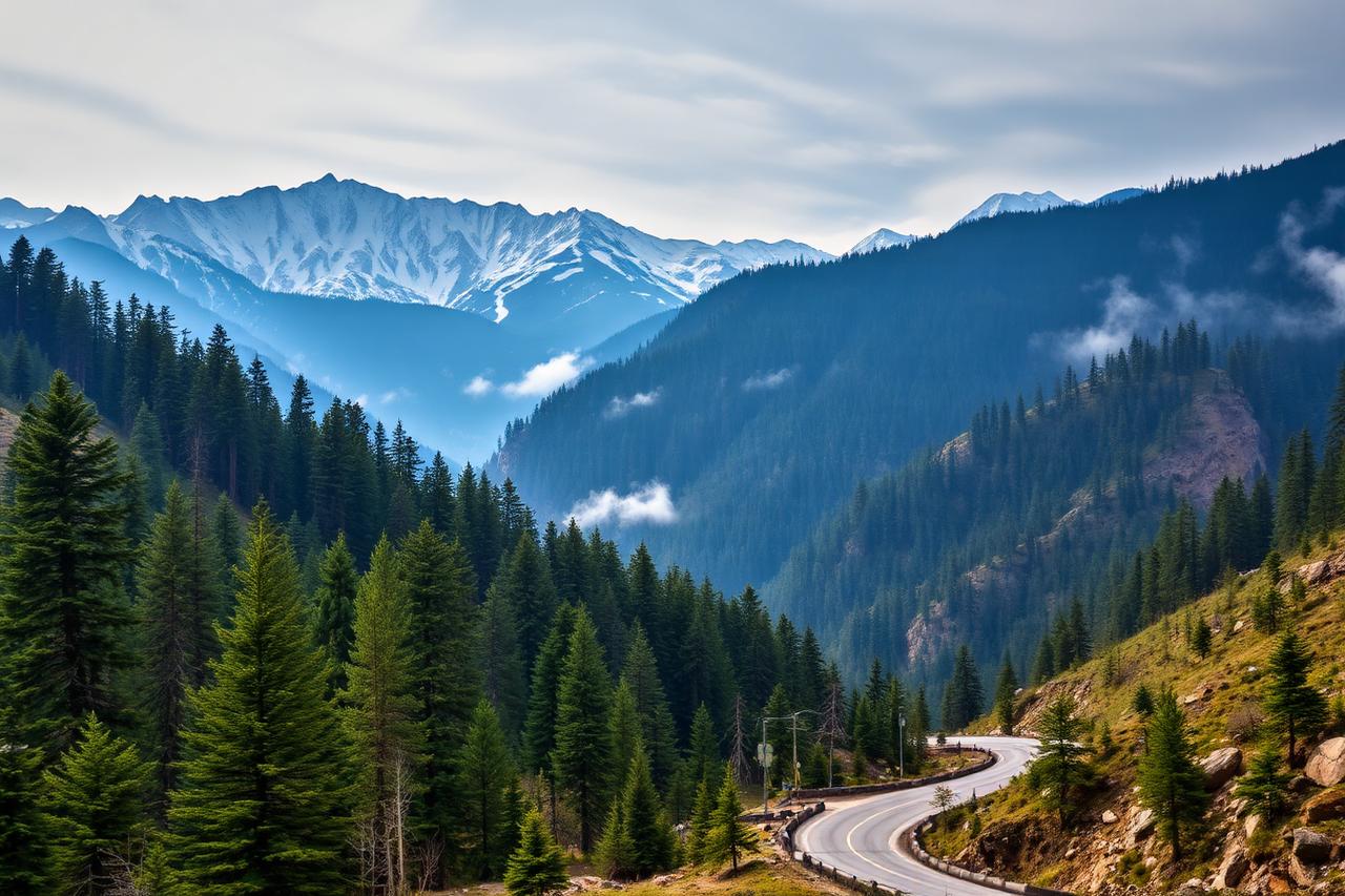 Manali, Himachal Pradesh — Snow-capped Himalayan peaks above a pine-forested valley in North India