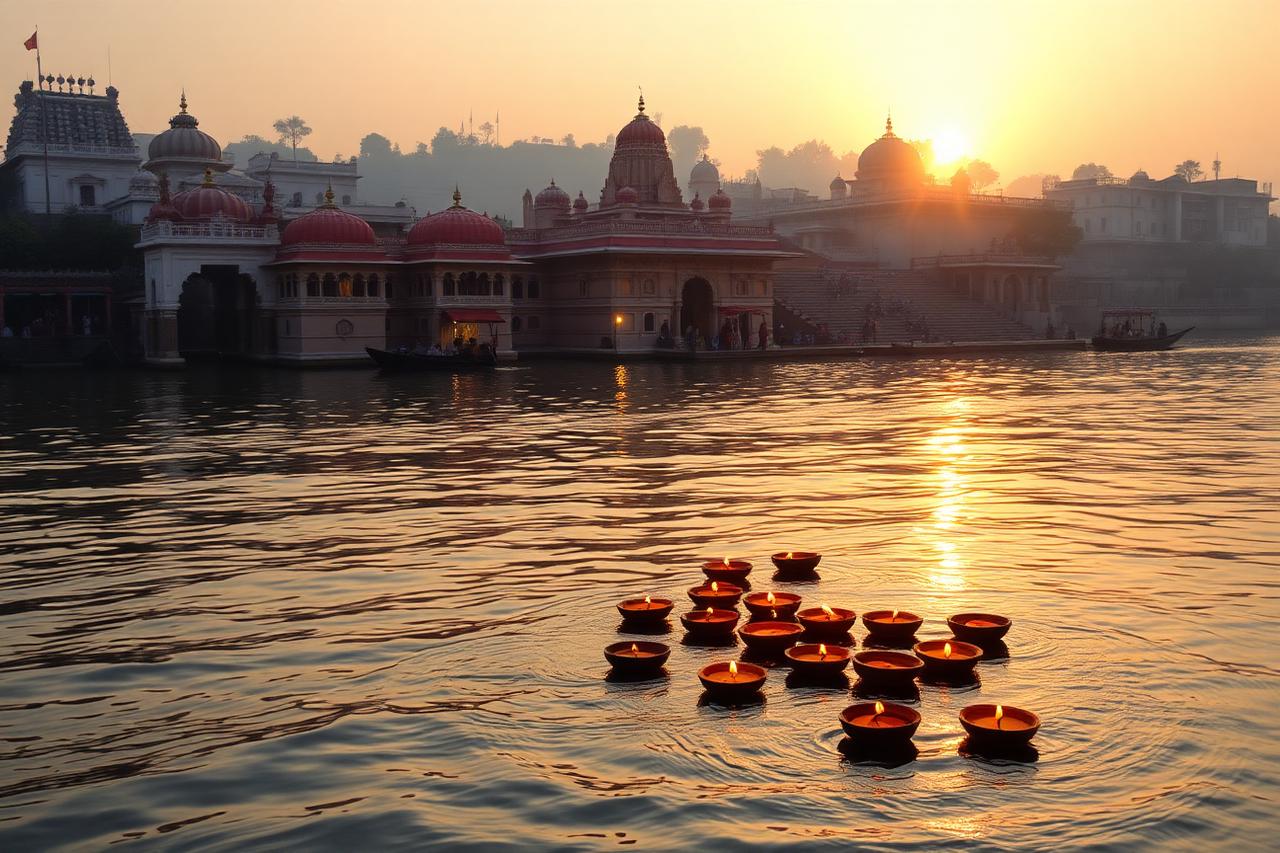 Rishikesh — Temple ghats beside a river at sunrise with floating oil lamps
