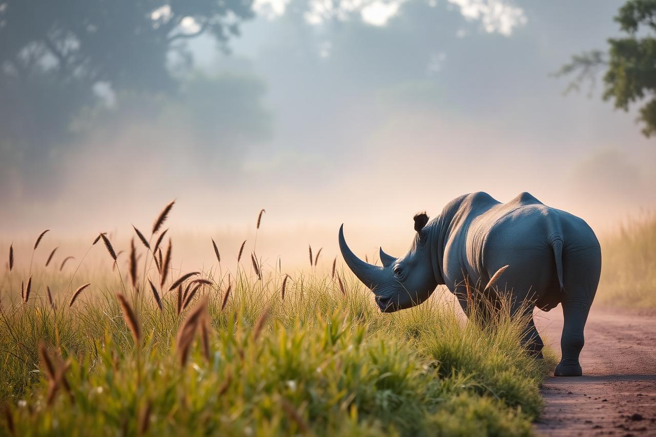 Ranthambore, Rajasthan — A one-horned rhino walking through misty grassland in an Indian national park