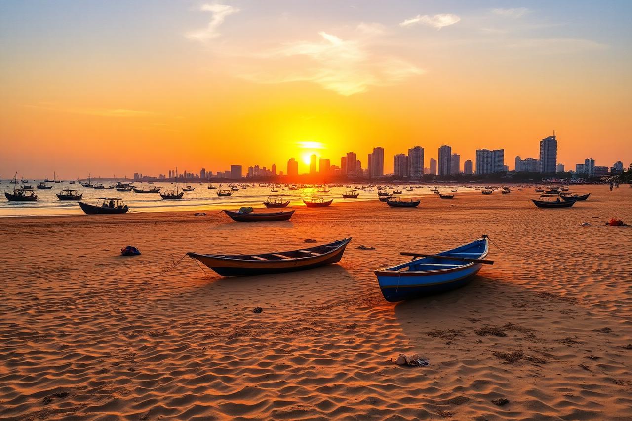Chennai, Tamil Nadu — Marina Beach at sunrise with fishing boats and the city skyline