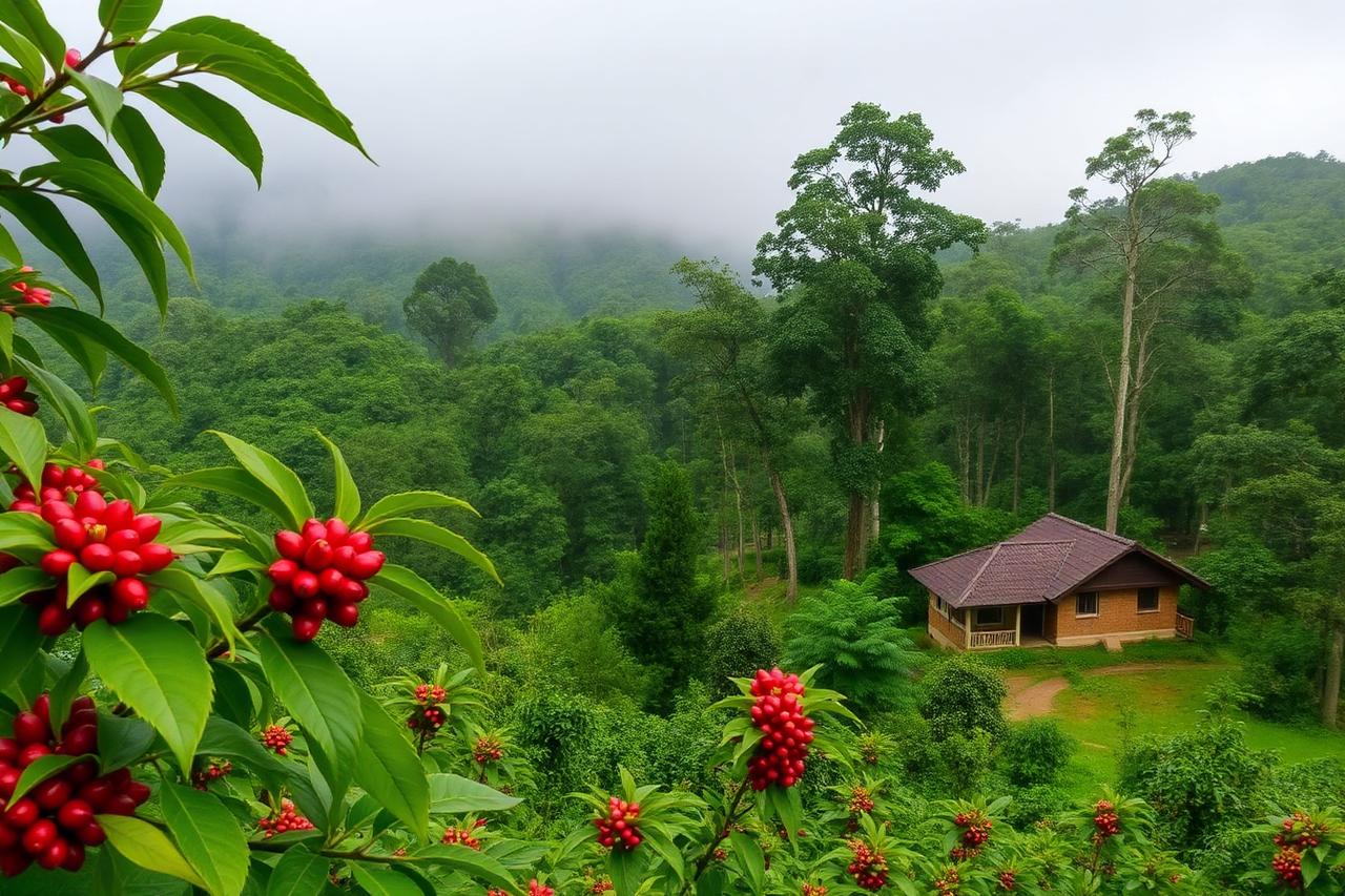 Coorg, Karnataka — ripe red coffee cherries and a homestay among misty plantation hills
