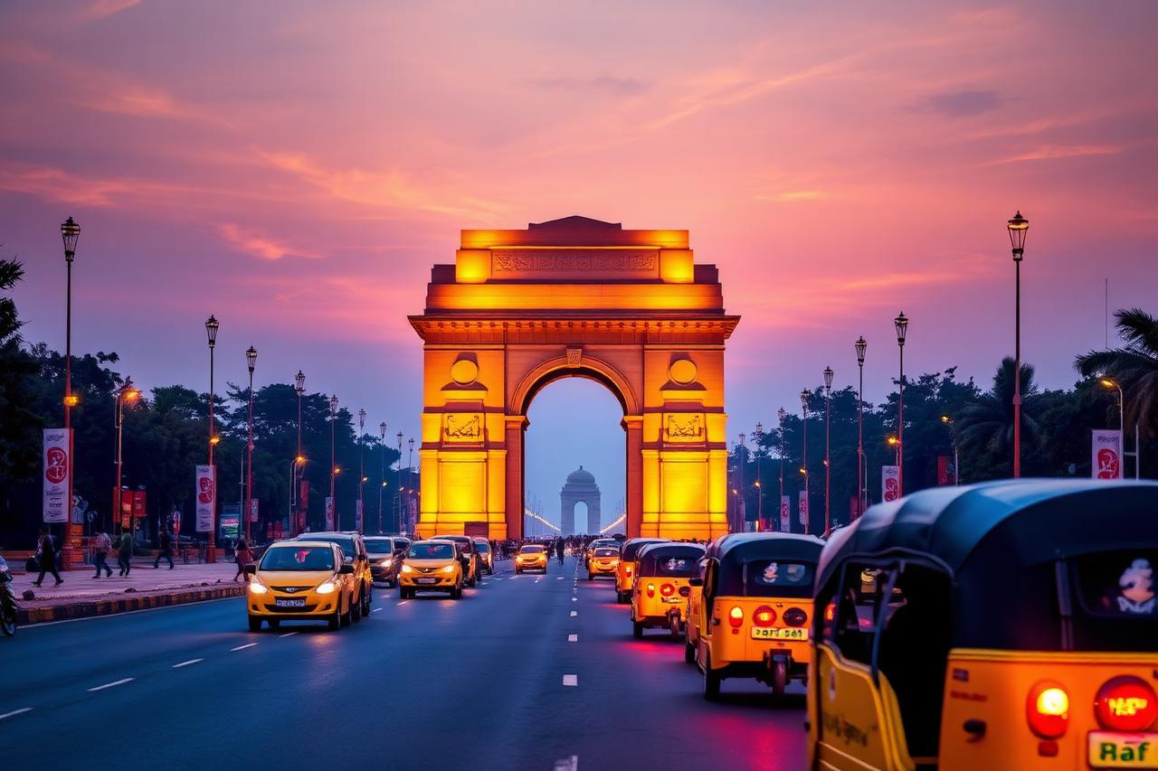 Delhi, Delhi NCR — the illuminated India Gate arch on Rajpath at dusk