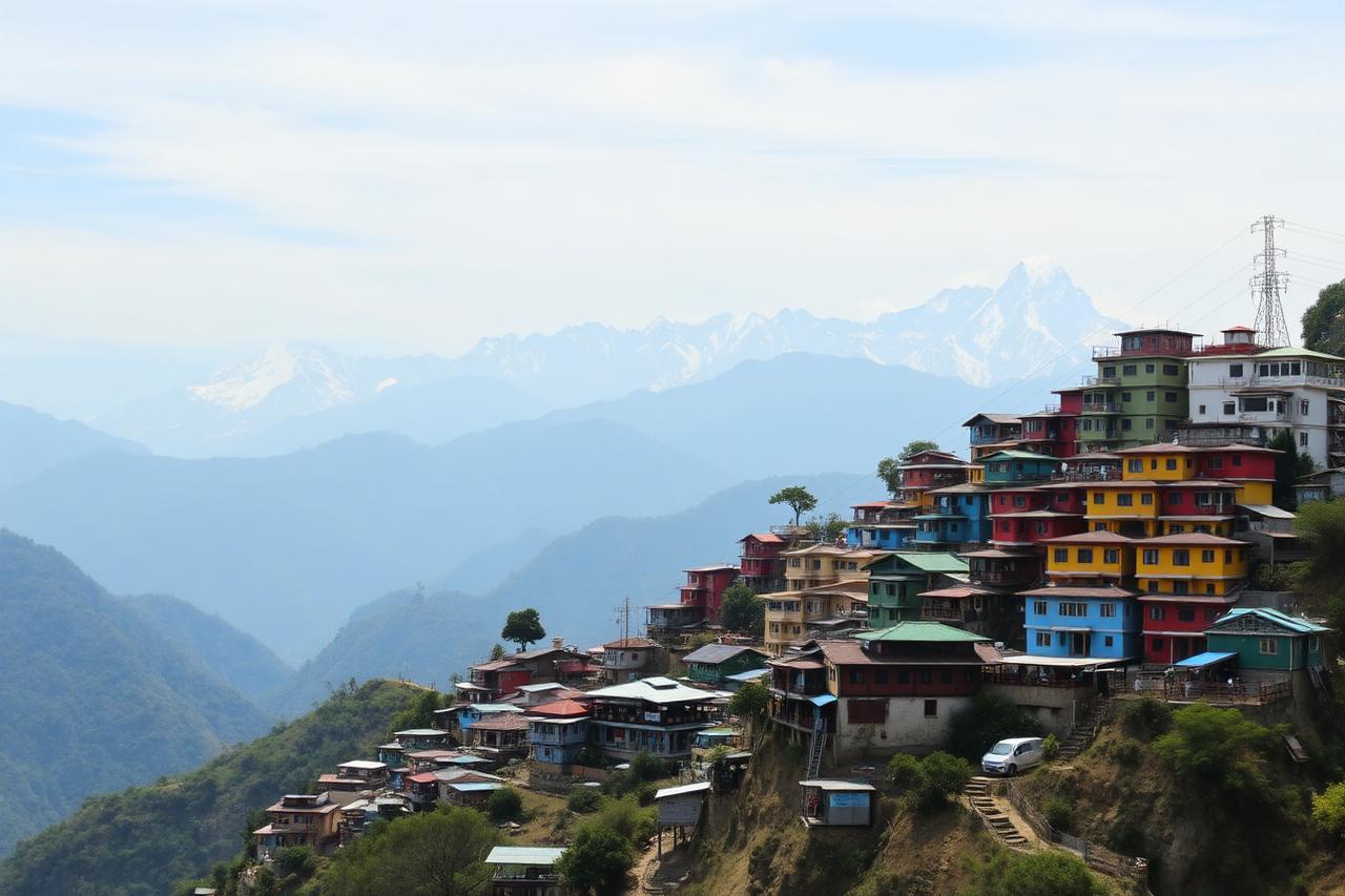 Gangtok — colourful hillside houses stacked on a ridge below Himalayan peaks