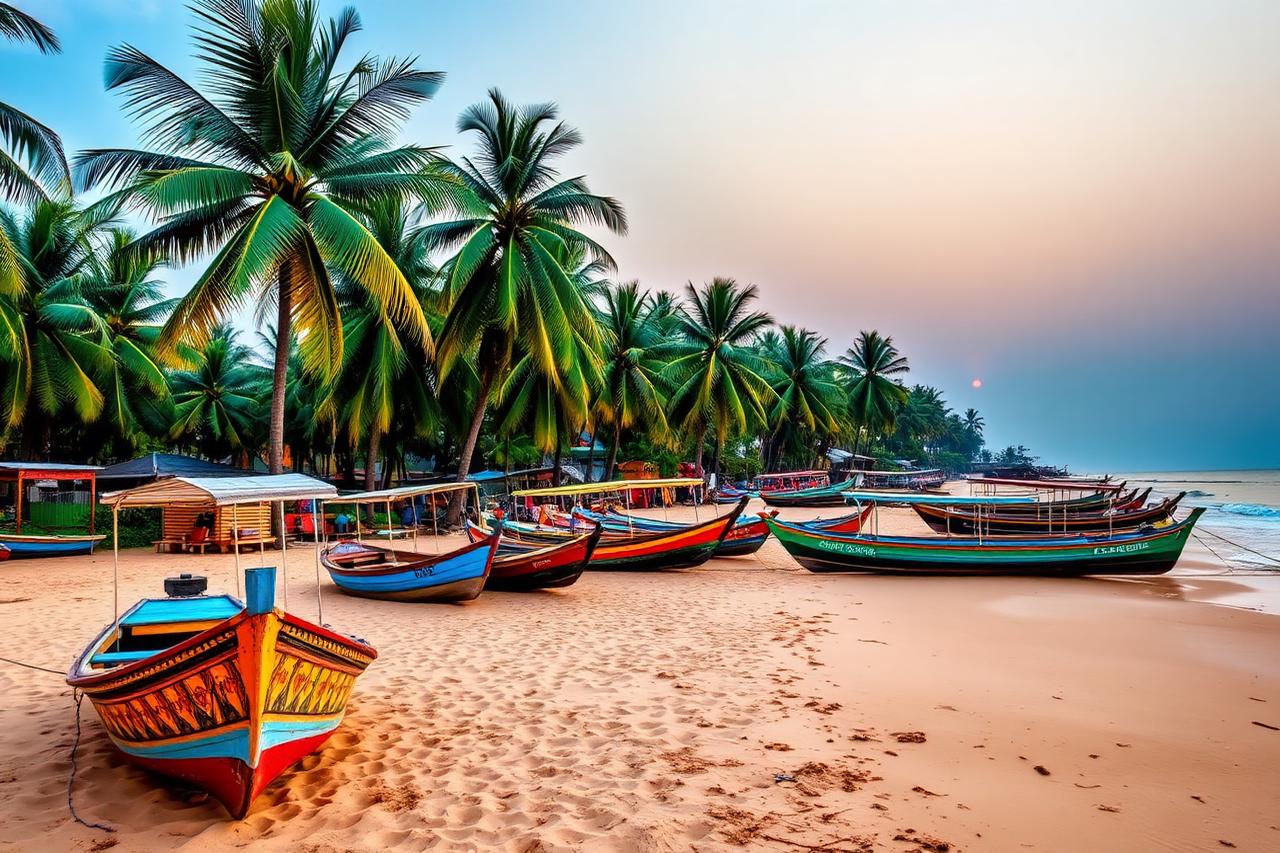 Goa, Goa — painted wooden fishing boats on a palm-fringed beach at sunset