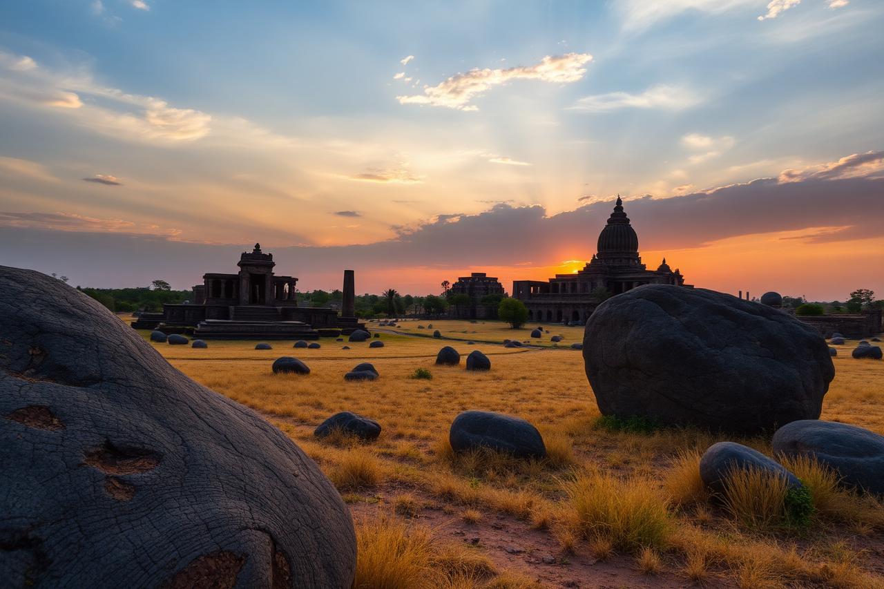 Hampi — granite boulders and Vijayanagara temple ruins at sunset