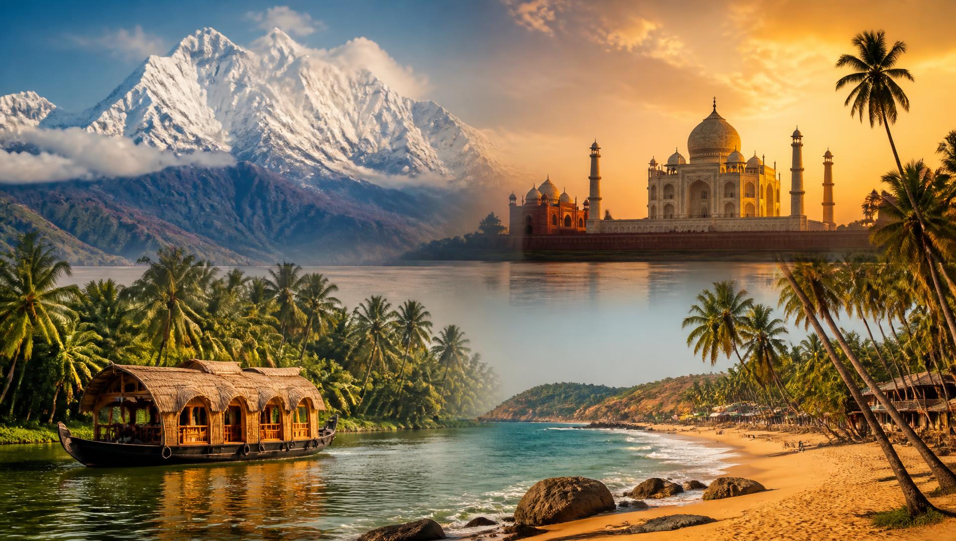 A collage of India's landscapes — Himalayan snow peaks, a marble monument at sunset, a Kerala houseboat and a palm-fringed beach