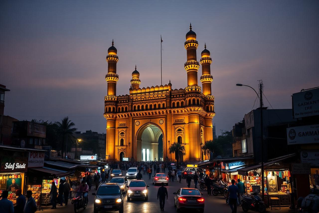 Hyderabad, Telangana — the four minarets of Charminar lit above the old-city bazaar