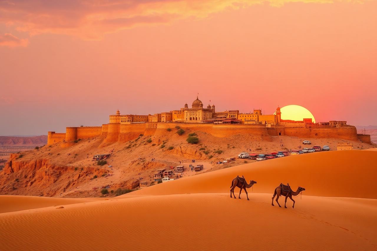 Jaisalmer, Rajasthan — the golden fort city above Thar desert dunes with camels at sunset
