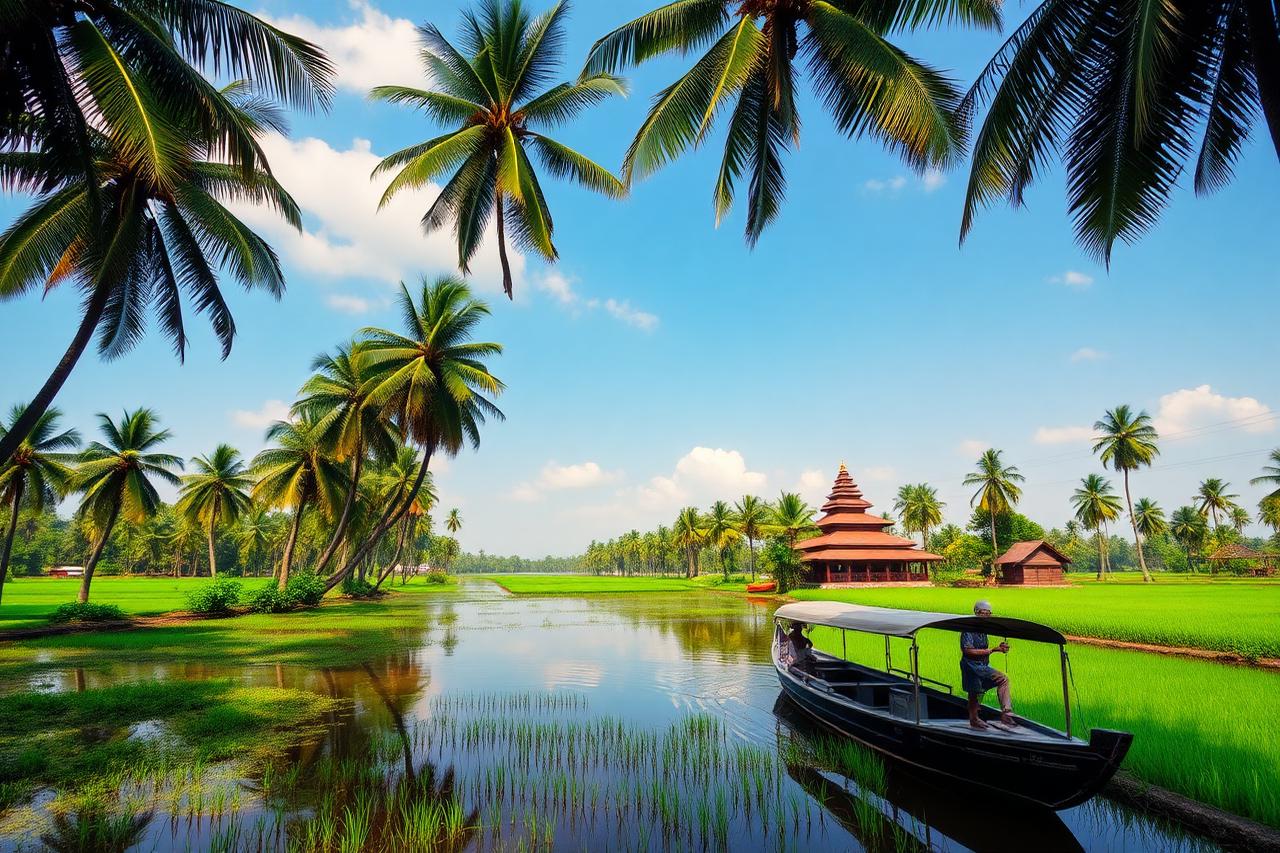 Kerala — coconut palms over a backwater canal beside green paddy fields