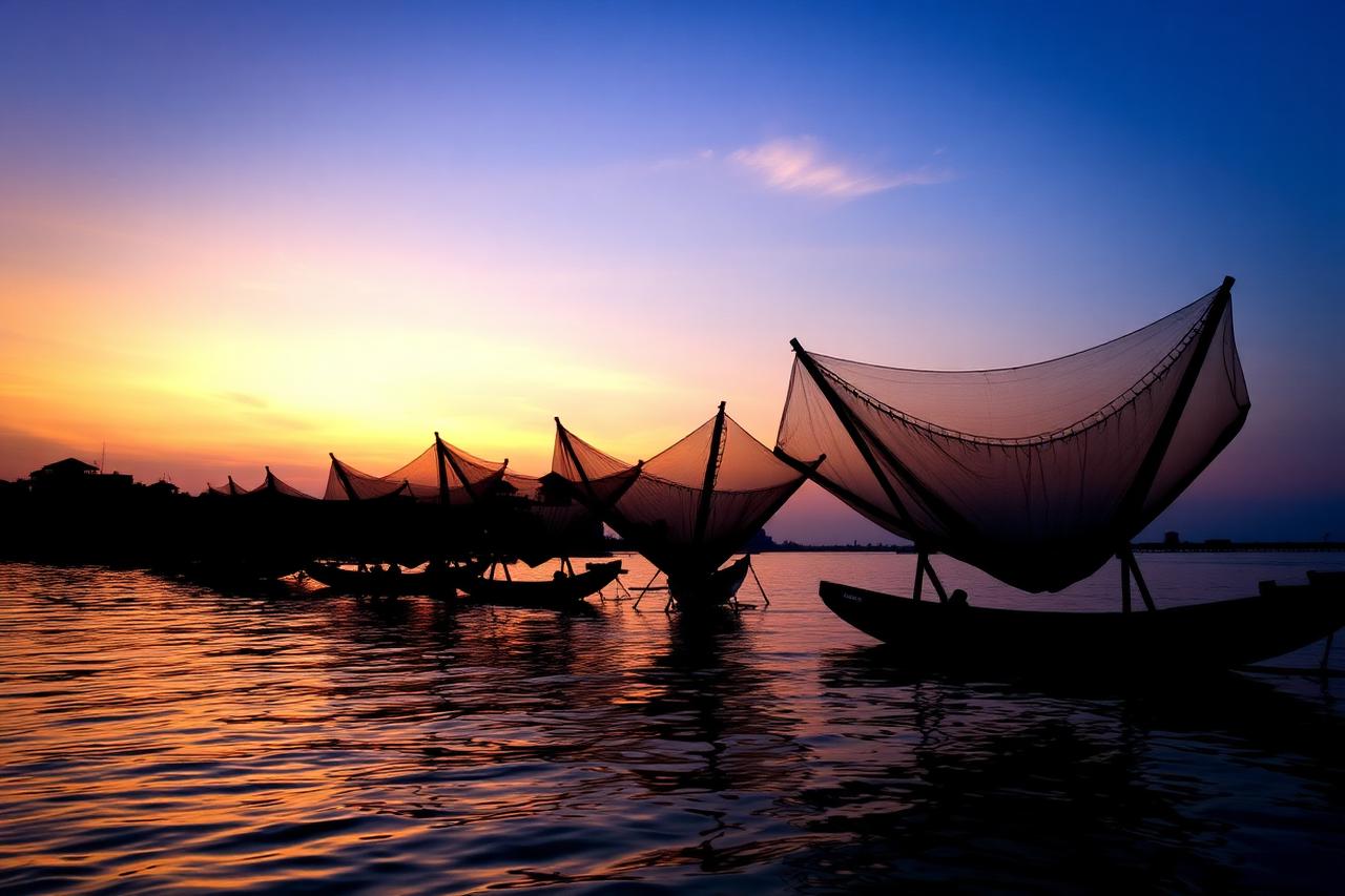 Kochi, Kerala — the Chinese fishing nets silhouetted at sunset on the Fort Kochi waterfront