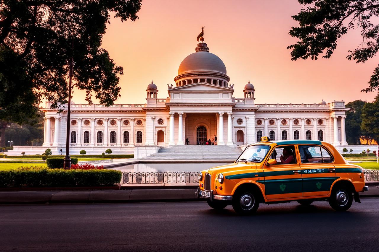 Kolkata, West Bengal — the Victoria Memorial with a yellow Ambassador taxi at dusk