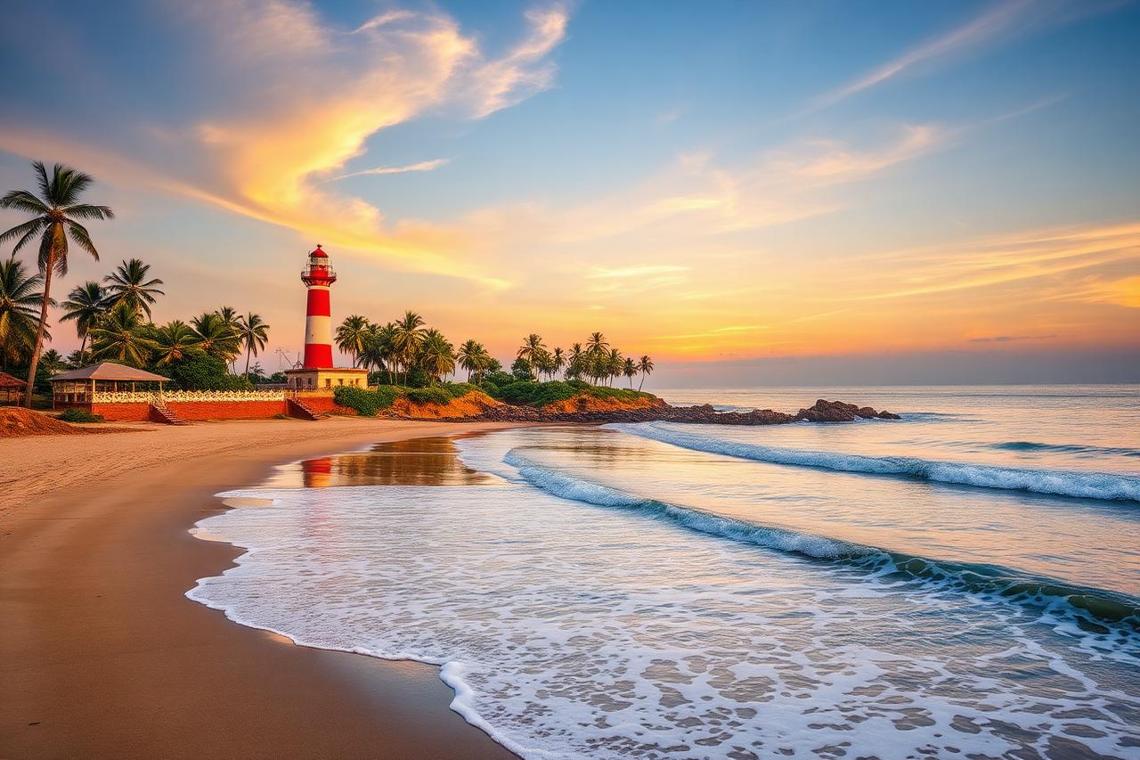 Kovalam, Kerala — the crescent beach and red-and-white lighthouse at sunset