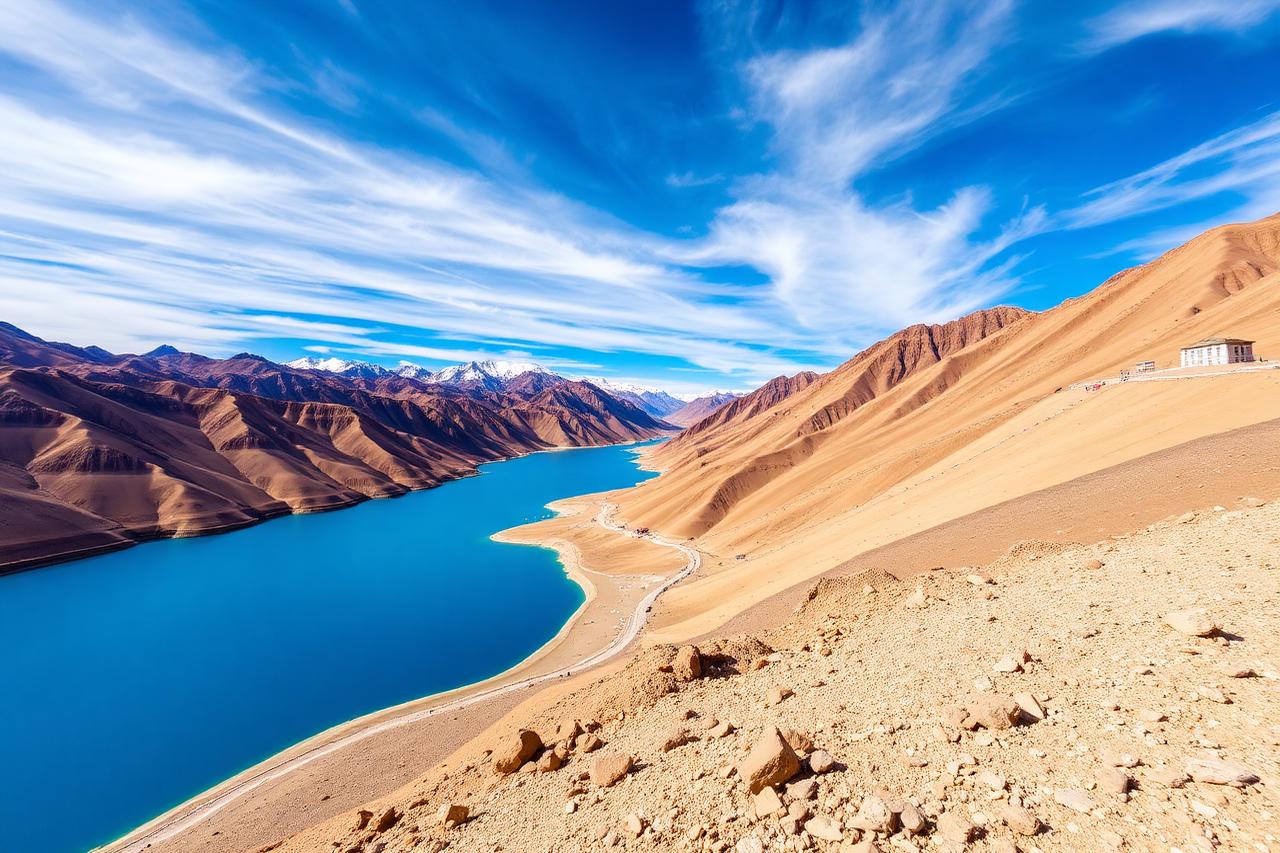 Leh-Ladakh, Ladakh — high-altitude mountain desert above a deep blue lake