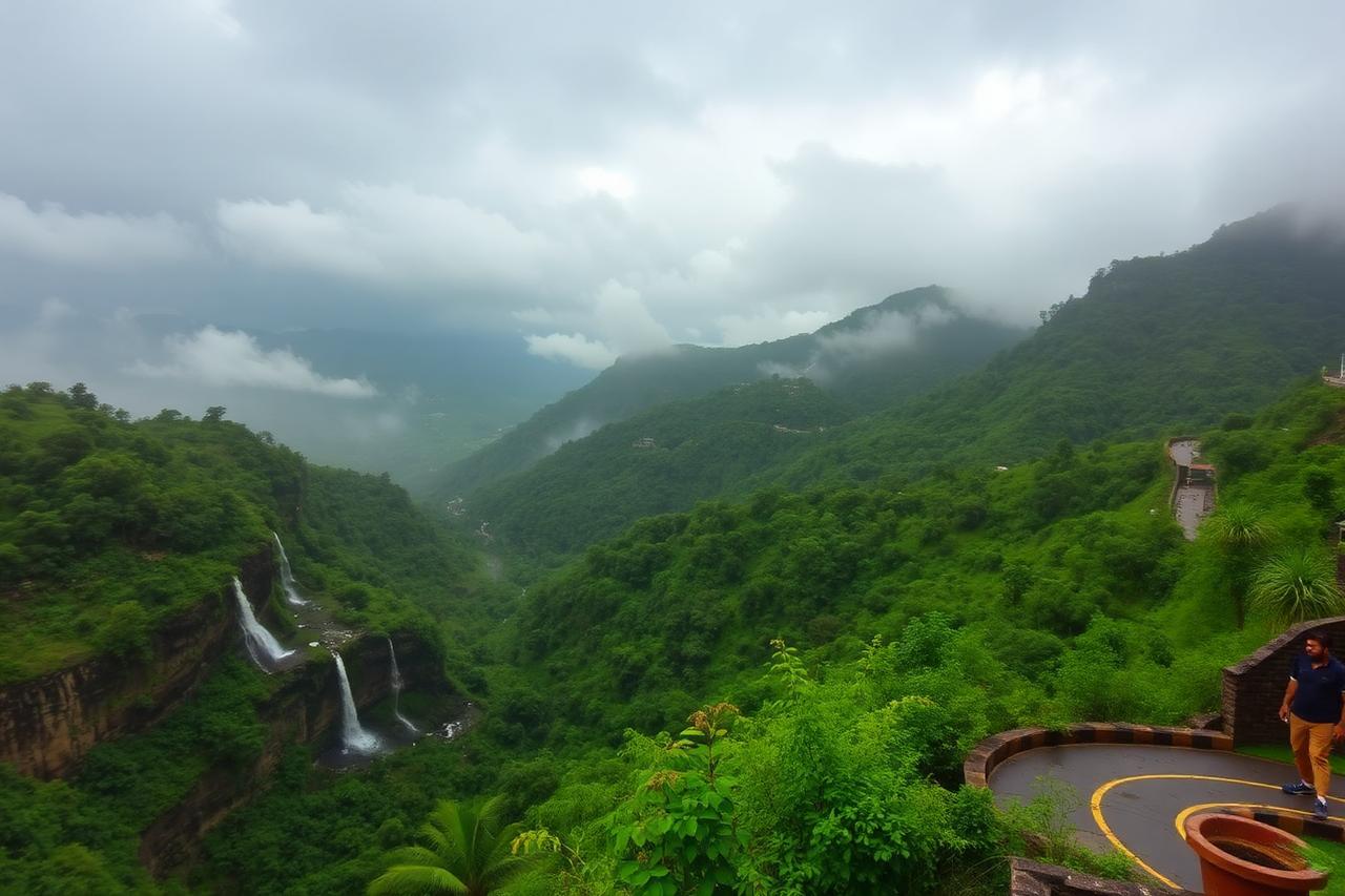 Lonavala, Maharashtra — green Sahyadri hills with monsoon waterfalls and a ghat road