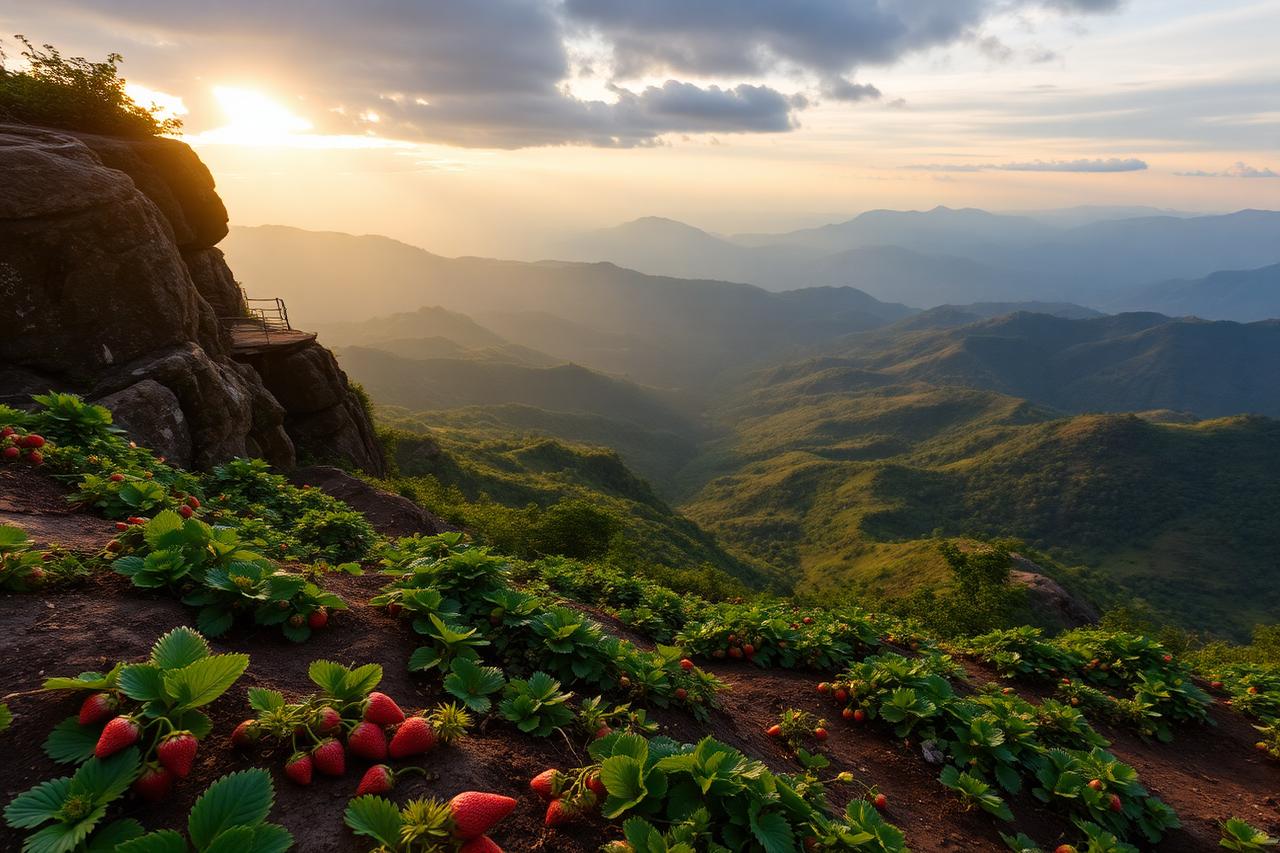 Mahabaleshwar, Maharashtra — strawberry fields on a cliff viewpoint above layered valleys