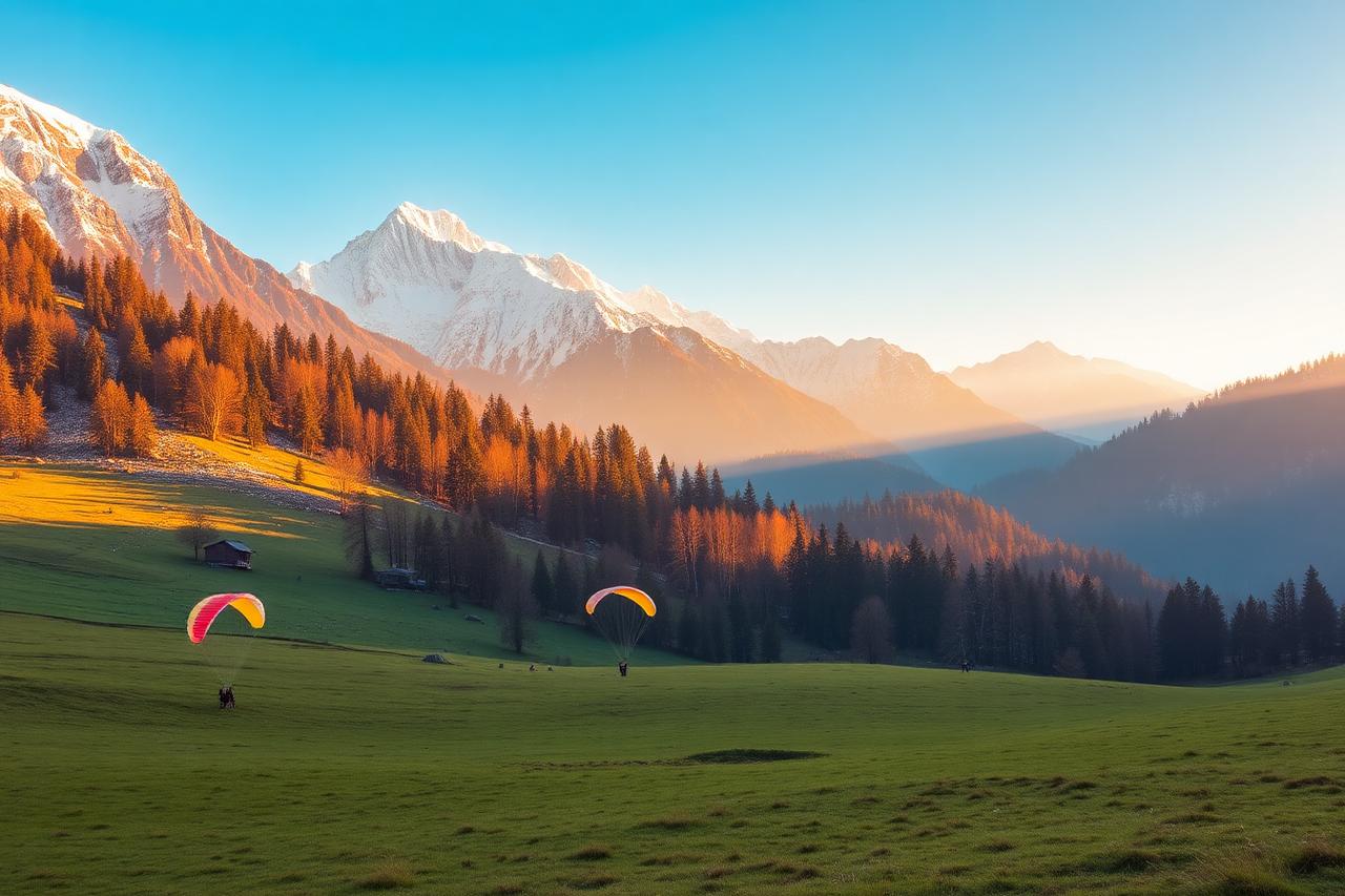Manali, Himachal Pradesh — Solang Valley meadows and snow peaks above the Beas