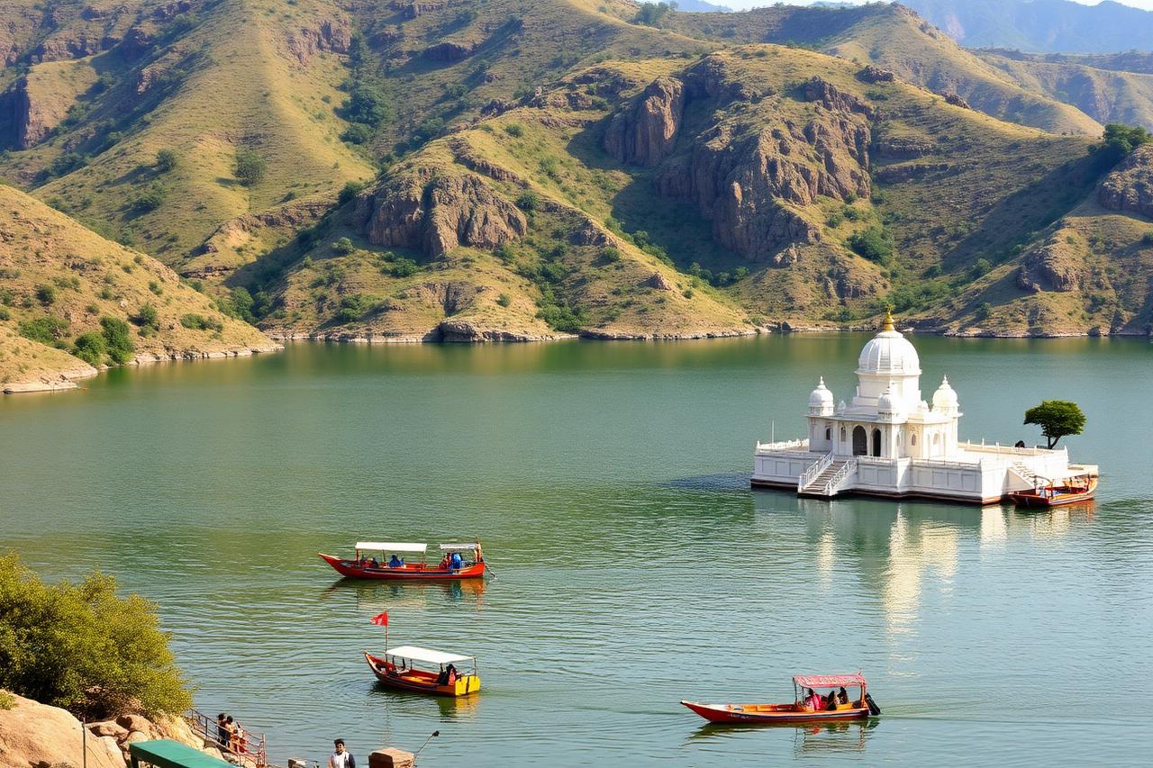 Mount Abu, Rajasthan — Nakki Lake ringed by rocky hills with boats and a marble shrine