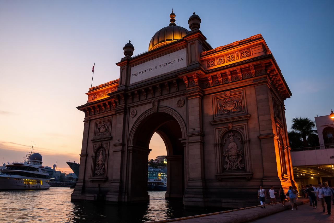 Mumbai, Maharashtra — the Gateway of India arch beside the harbour at dusk