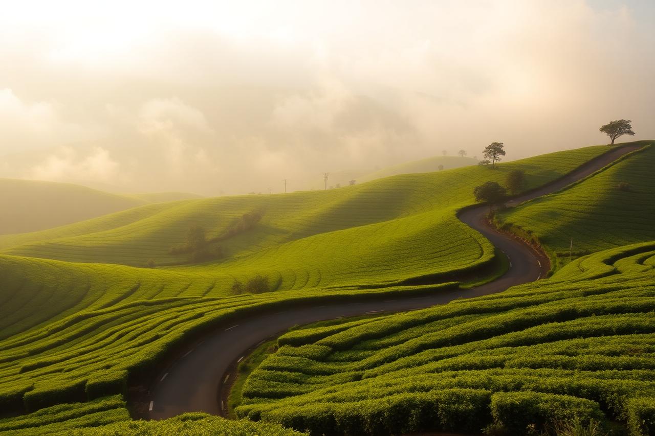 Munnar, Kerala — rolling tea plantations and a winding road in morning mist