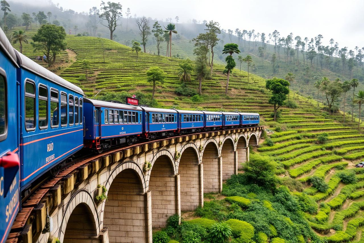 Ooty — the blue heritage toy train crossing a viaduct through tea gardens