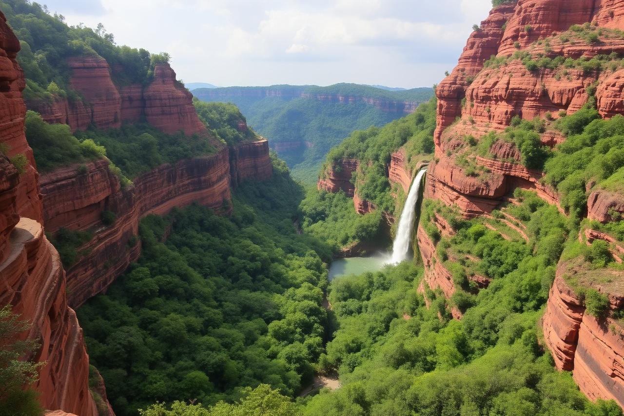 Pachmarhi, Madhya Pradesh — red sandstone gorges and a waterfall in dense forest