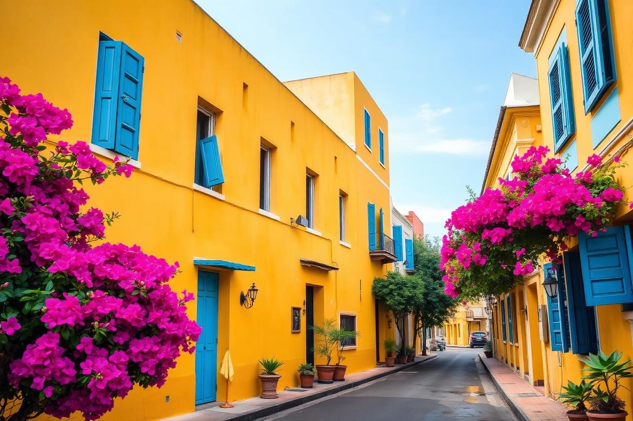 Pondicherry, Puducherry — a yellow French Quarter street with blue shutters and bougainvillea
