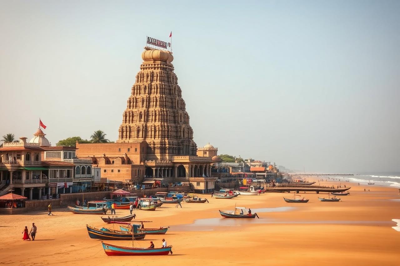 Puri, Odisha — the Jagannath temple spire above the beach and fishing boats
