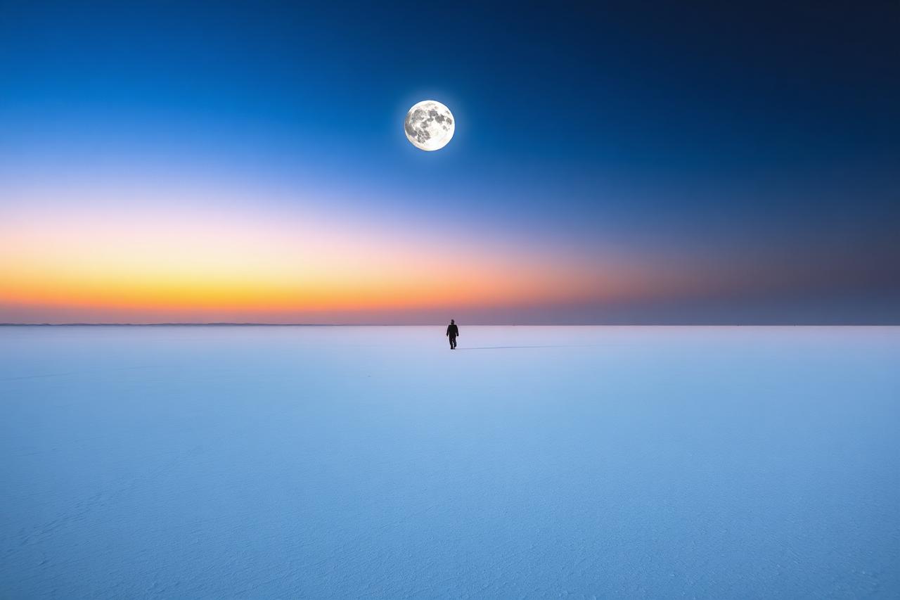 Rann of Kutch, Gujarat — the white salt desert stretching to the horizon under a full moon