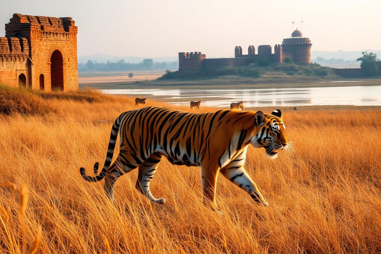 Ranthambore, Rajasthan — a Bengal tiger walking through golden grass below the fort