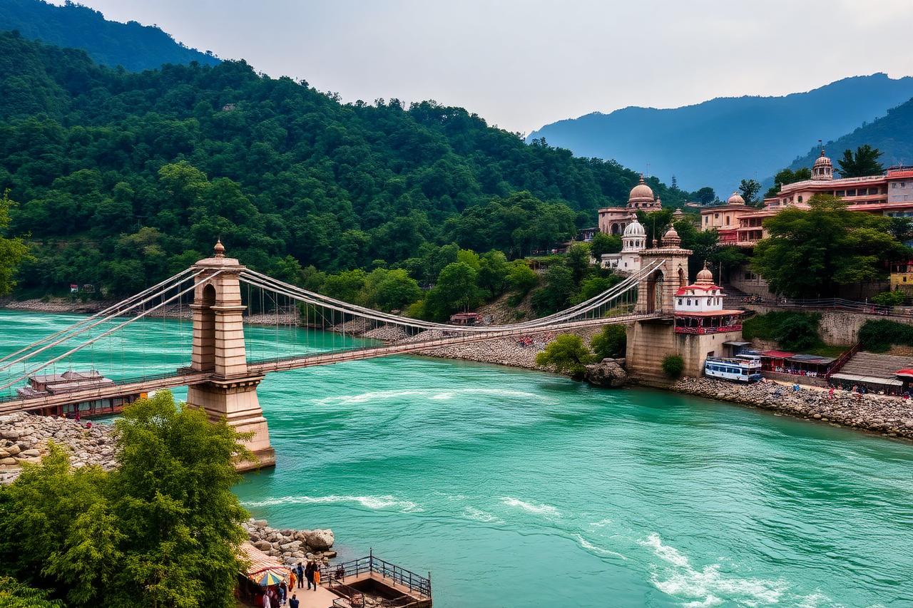 Rishikesh — Laxman Jhula suspension bridge over the turquoise Ganga