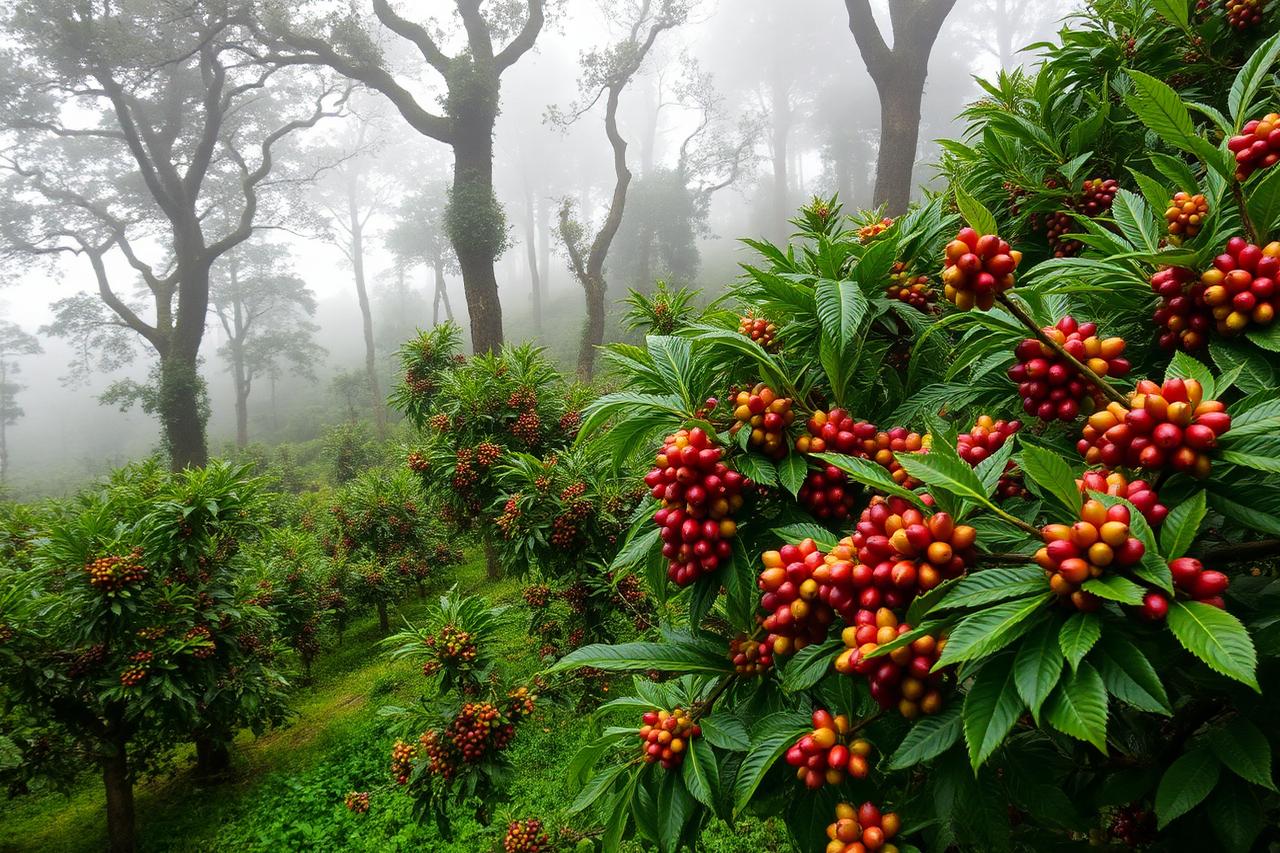 Plantation crops growing under shade trees in the hills near Ooty and Coonoor