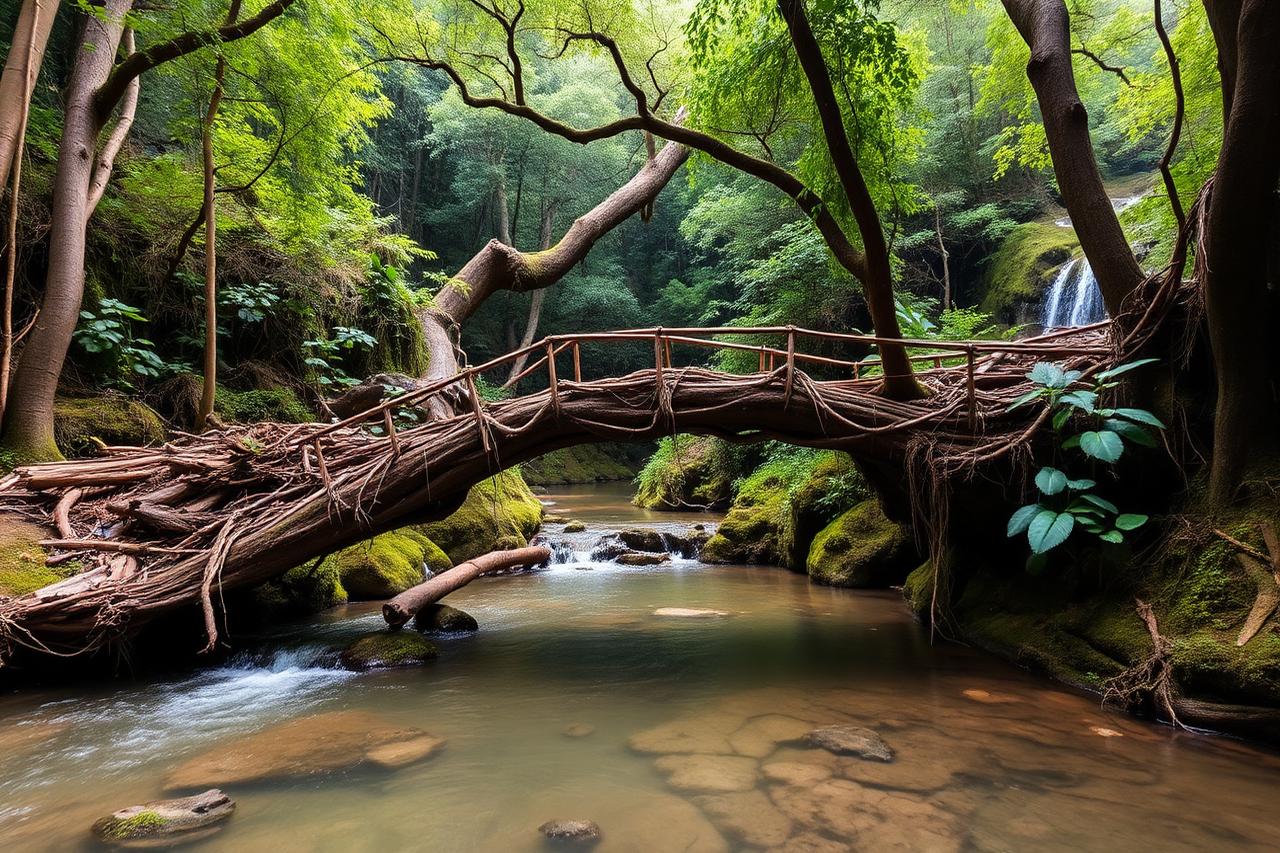 Shillong, Meghalaya — a living root bridge over a clear stream in Khasi rainforest