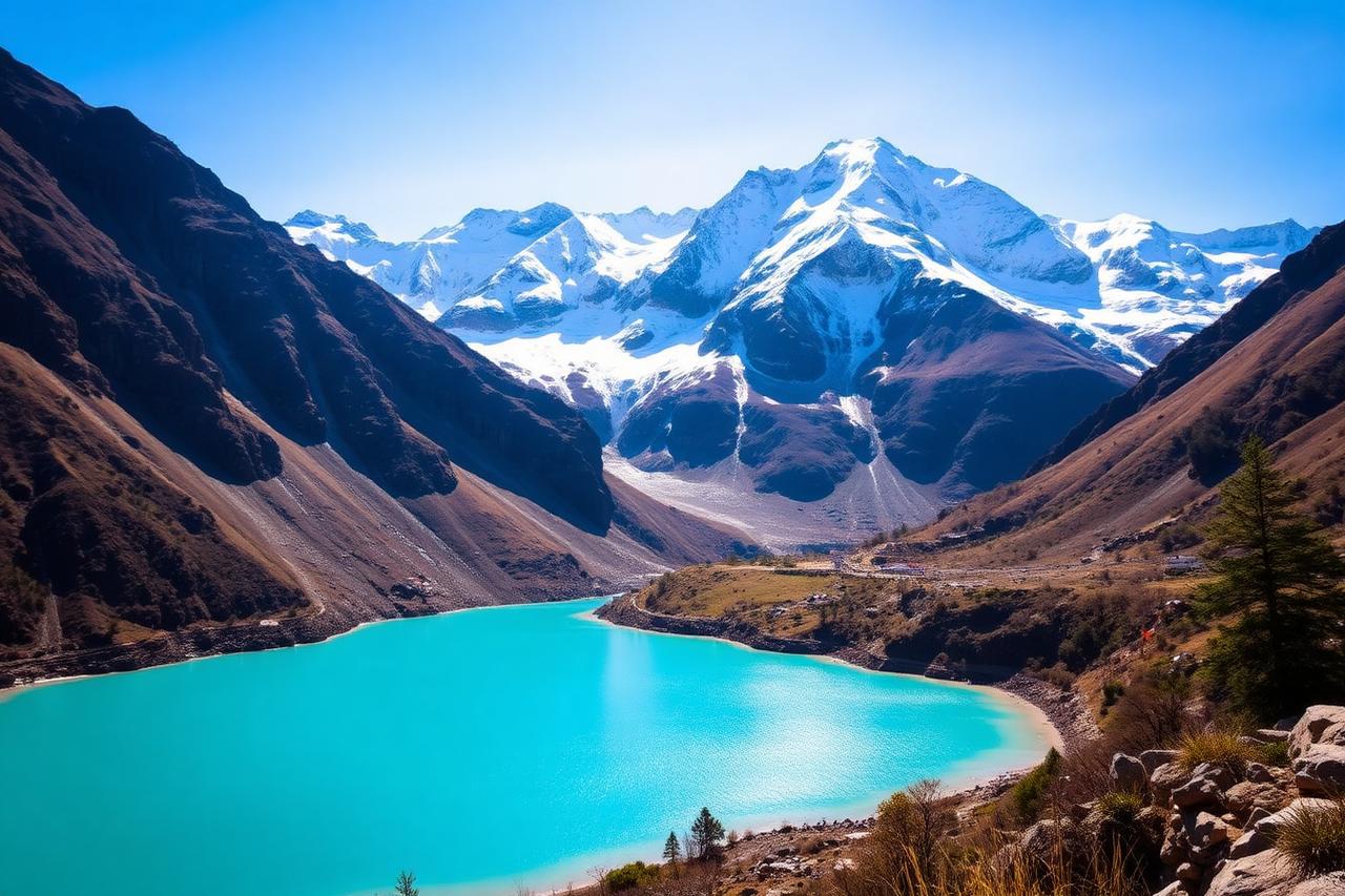 Sikkim, Sikkim — a turquoise glacial lake ringed by snow mountains and prayer flags