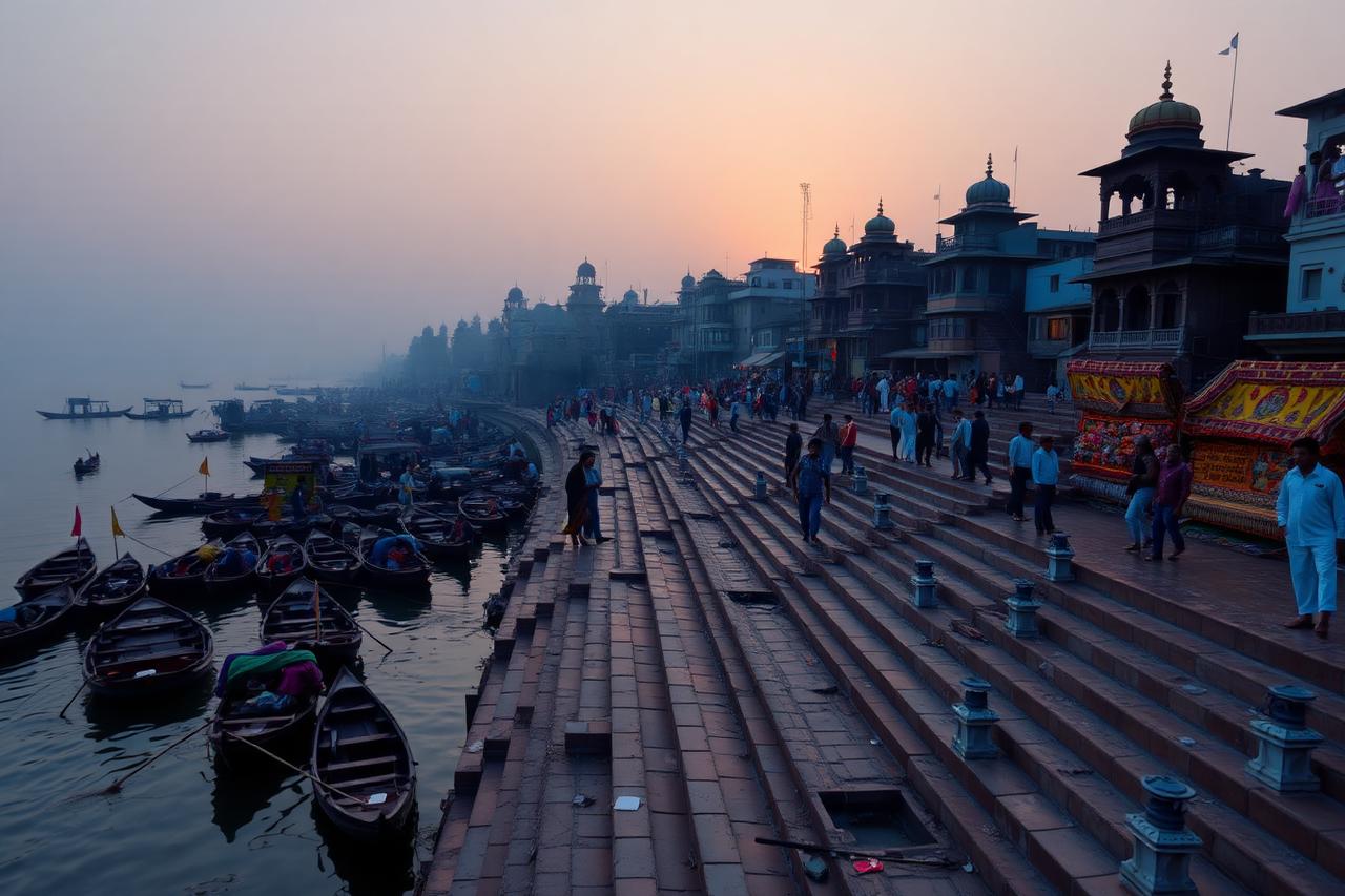 Varanasi, Uttar Pradesh — the stepped ghats and wooden boats on the Ganges at sunrise
