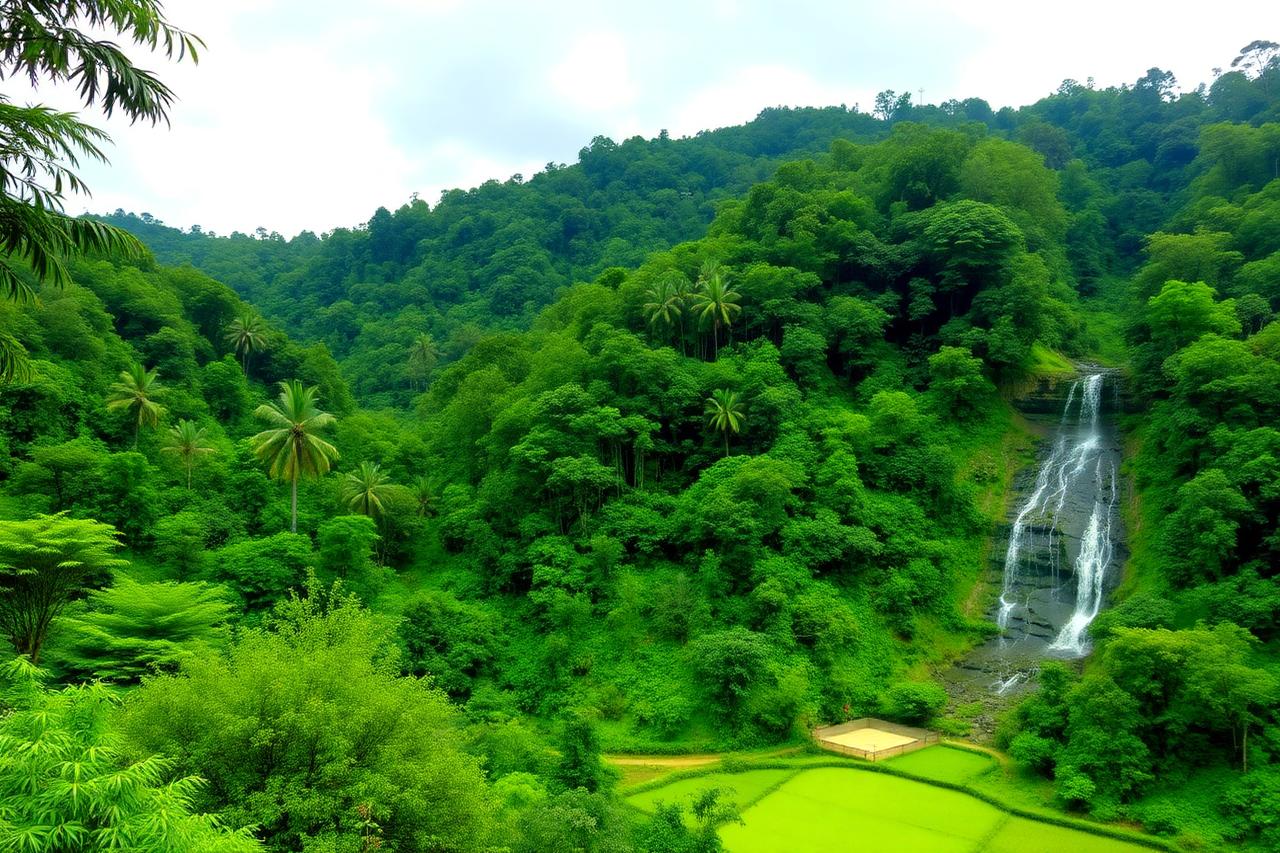 Wayanad, Kerala — forest hills, bamboo groves and a waterfall above paddy fields